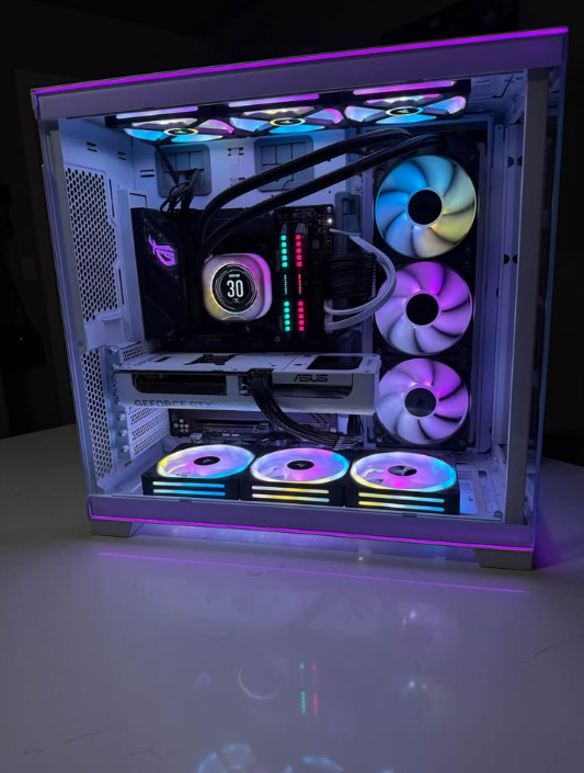 White ASUS Strix RTX 5070 custom gaming PC by Palladium Builds LLC